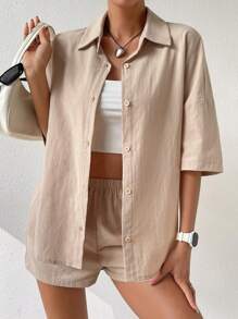 SHEIN EZwear Camisa unicolor de hombros caídos & Shorts