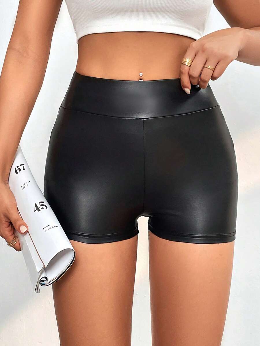 SHEIN PETITE Solid Leather Look Shorts - Black - View 1
