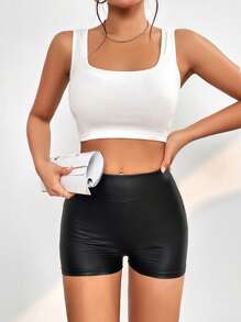 SHEIN PETITE Solid Leather Look Shorts - Black - View 4