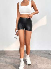 SHEIN PETITE Solid Leather Look Shorts - Black - View 6