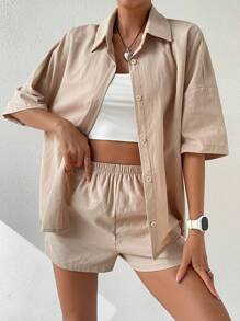 SHEIN EZwear Camisa unicolor de hombros caídos & Shorts