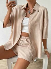 SHEIN EZwear Camisa unicolor de hombros caídos & Shorts