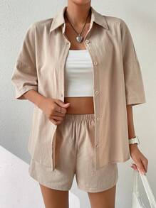 SHEIN EZwear Camisa unicolor de hombros caídos & Shorts