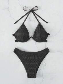Solid Underwire Halter Bikini Set For Summer Beach - Black - View 3