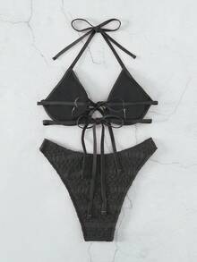 Solid Underwire Halter Bikini Set For Summer Beach - Black - View 6