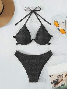 Solid Underwire Halter Bikini Set For Summer Beach - Black - View 7