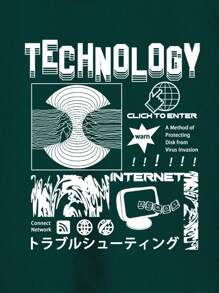 Men Slogan Graphic Thermal Lined Drawstring Hoodie - Dark Green - View 4