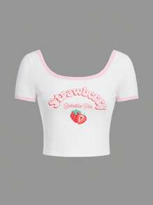 SHEIN 青少年女孩草莓和字母圖案滾邊T恤 - 白色 - 查看 1