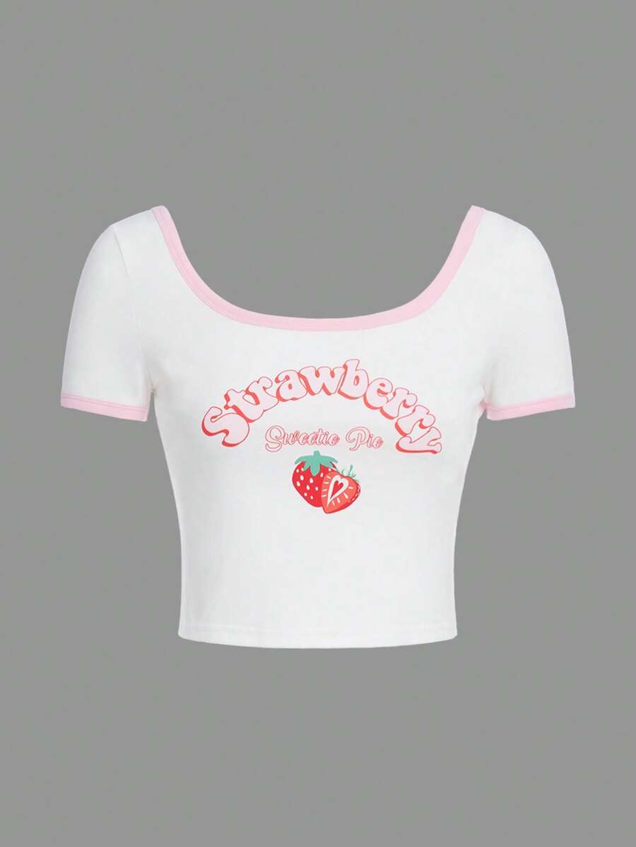 SHEIN 青少年女孩草莓和字母圖案滾邊T恤 - 白色 - 查看 1