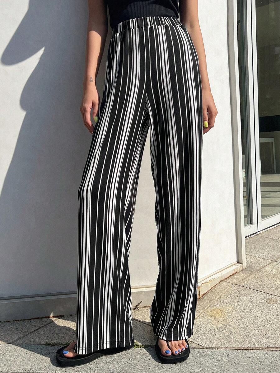 DAZY Striped Print Trousers - Black and White - View 1
