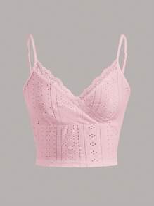 SHEIN Qutie 蕾絲拼接網眼刺繡吊帶上衣 - 淺粉色 - 查看 1