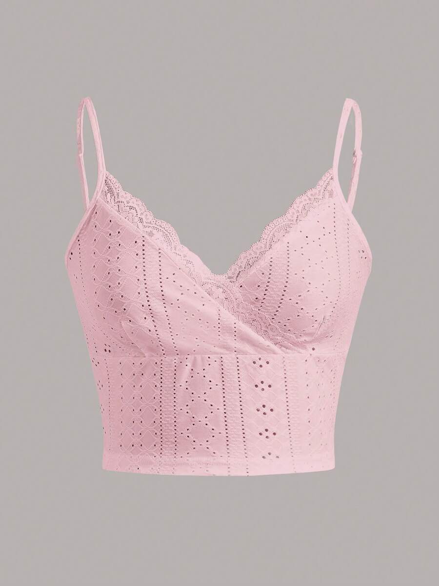 SHEIN Qutie 蕾絲拼接網眼刺繡吊帶上衣 - 淺粉色 - 查看 1