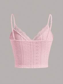 SHEIN Qutie 蕾絲拼接網眼刺繡吊帶上衣 - 淺粉色 - 查看 2