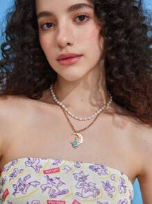 TOM & JERRY X SHEIN 1pc Fashionable Cultured Faux Pearl Decor Mouse & Moon Charm Choker For Women For Daily Decoration - Multicolor - View 2