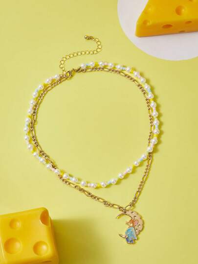 TOM & JERRY X SHEIN 1pc Fashionable Cultured Faux Pearl Decor Mouse & Moon Charm Choker For Women For Daily Decoration