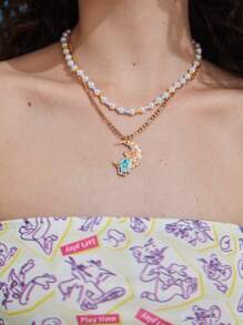 TOM & JERRY X SHEIN 1pc Fashionable Cultured Faux Pearl Decor Mouse & Moon Charm Choker For Women For Daily Decoration - Multicolor - View 4