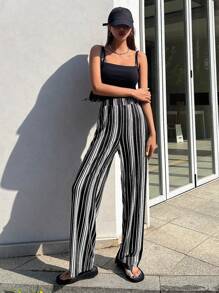 DAZY Striped Print Trousers - Black and White - View 7