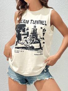 SHEIN EZwear Building & Slogan Graphic Tank Top DREAM TUNNEL MỖI NGÀY LÀ BÀI TẬP LUÔN TRONG TÂM TRẠNG TỐT - Màu be - Xem 3