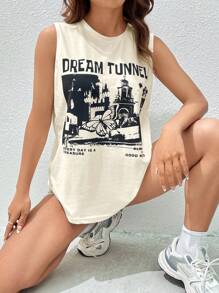 SHEIN EZwear Building & Slogan Graphic Tank Top DREAM TUNNEL MỖI NGÀY LÀ BÀI TẬP LUÔN TRONG TÂM TRẠNG TỐT - Màu be - Xem 4