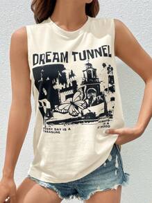 SHEIN EZwear Building & Slogan Graphic Tank Top DREAM TUNNEL MỖI NGÀY LÀ BÀI TẬP LUÔN TRONG TÂM TRẠNG TỐT - Màu be - Xem 5