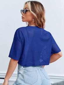 SHEIN EZwear Number Print Drop Shoulder Crop Tee - Royal Blue - View 2