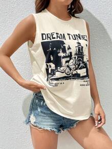 SHEIN EZwear Building & Slogan Graphic Tank Top DREAM TUNNEL MỖI NGÀY LÀ BÀI TẬP LUÔN TRONG TÂM TRẠNG TỐT - Màu be - Xem 6