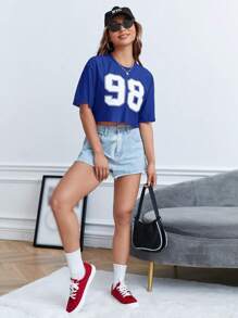 SHEIN EZwear Number Print Drop Shoulder Crop Tee - Royal Blue - View 3