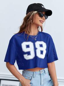 SHEIN EZwear Number Print Drop Shoulder Crop Tee - Royal Blue - View 4