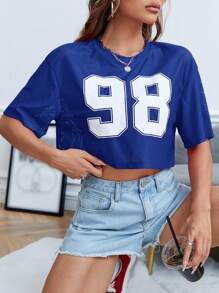 SHEIN EZwear Number Print Drop Shoulder Crop Tee - Royal Blue - View 5