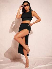 SHEIN BAE Bộ đồ hai mảnh nữ Tách cao màu trơn Gợi cảm - màu đen - Xem 3