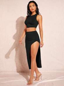 SHEIN BAE Bộ đồ hai mảnh nữ Tách cao màu trơn Gợi cảm - màu đen - Xem 4