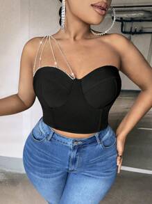 SHEIN SXY Plus Rhinestone Detail One Shoulder Bustier Crop Top - Black - View 2