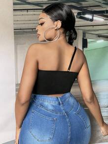 SHEIN SXY Plus Rhinestone Detail One Shoulder Bustier Crop Top - Black - View 3