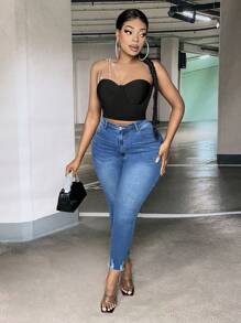 SHEIN SXY Plus Rhinestone Detail One Shoulder Bustier Crop Top - Black - View 6