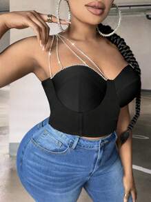 SHEIN SXY Plus Rhinestone Detail One Shoulder Bustier Crop Top - Black - View 1