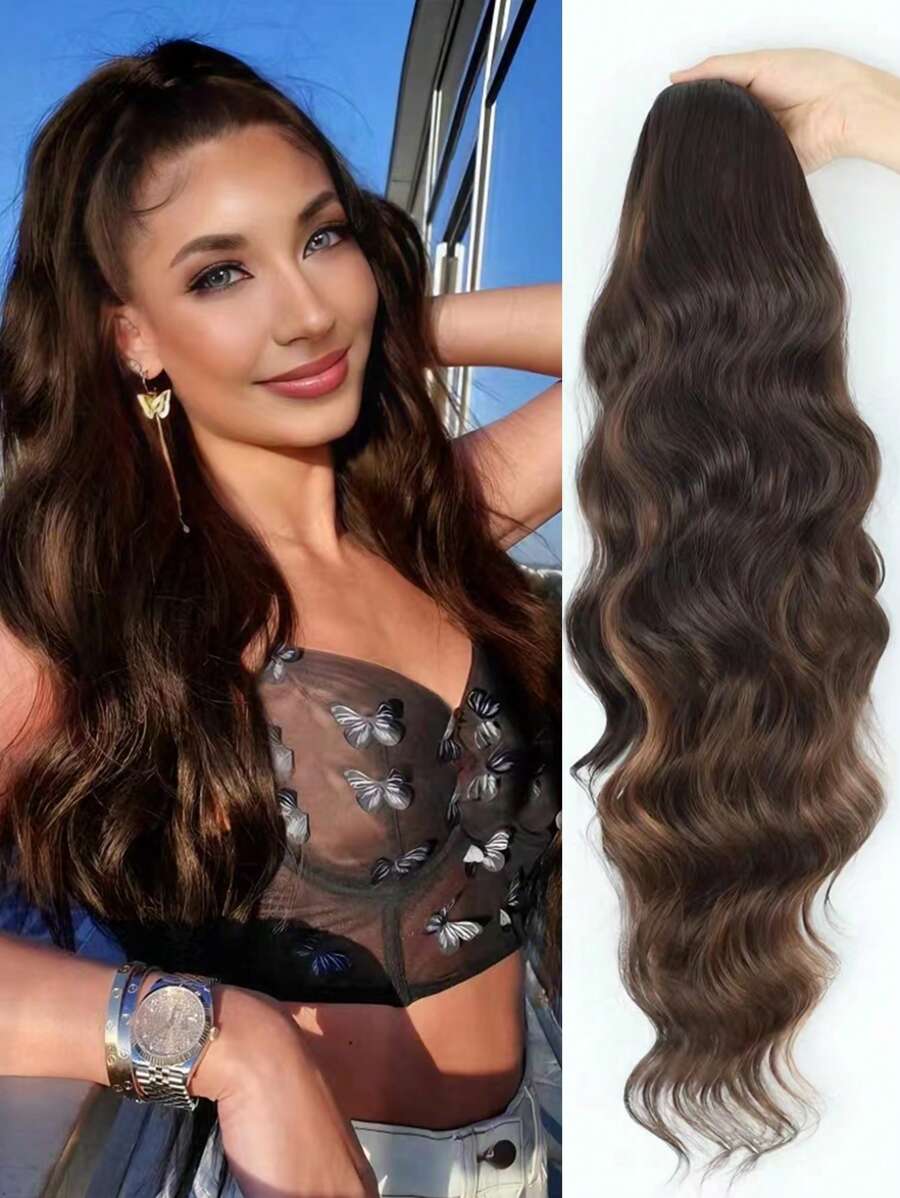 1pc 24 Inch Long Body Wave Ponytail hair Extension Synthetic Heat Resistant Wrap Around Drawstring Hairpieces for Women Daily Use