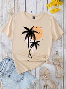 SHEIN LUNE 棕櫚樹和太陽印花T恤 - 杏色 - 查看 1