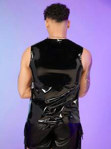 FeverCity Men Zip Front PU Leather Tank Top - Black - View 2