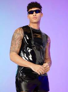 FeverCity Men Zip Front PU Leather Tank Top - Black - View 3