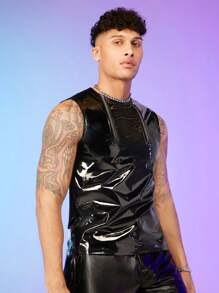 FeverCity Men Zip Front PU Leather Tank Top - Black - View 4