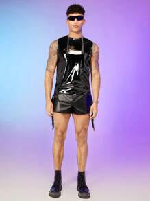 FeverCity Men Zip Front PU Leather Tank Top - Black - View 6