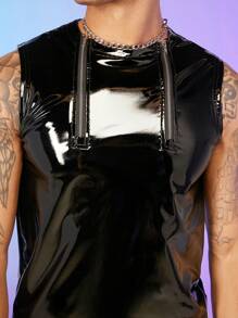 FeverCity Men Zip Front PU Leather Tank Top - Black - View 7