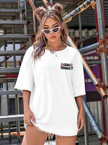 SHEIN EZwear 花卉圖案和骷髅圖案落肩T恤 - 白色 - 查看 6