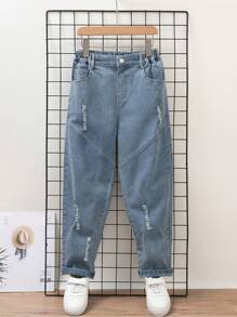 Tween Boy 休闲破洞牛仔裤，带袖口设计