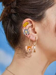 TOM & JERRY X SHEIN 3入組/套可愛鋅合金貓和滑鼠裝飾耳環適合女士日常裝飾 - 彩色 - 查看 1