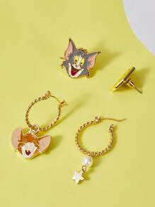 TOM & JERRY X SHEIN 3入組/套可愛鋅合金貓和滑鼠裝飾耳環適合女士日常裝飾 - 彩色 - 查看 6