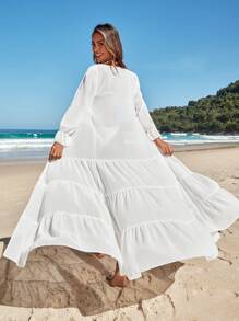 Solid Ruffle Hem Kimono Without Bikini Set Summer - White - View 2