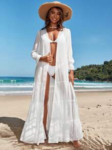 Solid Ruffle Hem Kimono Without Bikini Set Summer - White - View 5