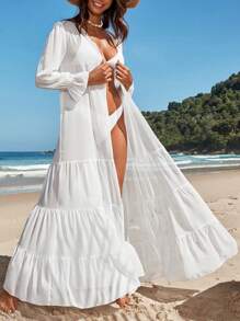 Solid Ruffle Hem Kimono Without Bikini Set Summer - White - View 7