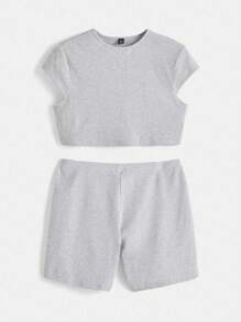 SHEIN BASICS Plus Solid Crop Tee & Cycling Shorts - Light Grey - View 1